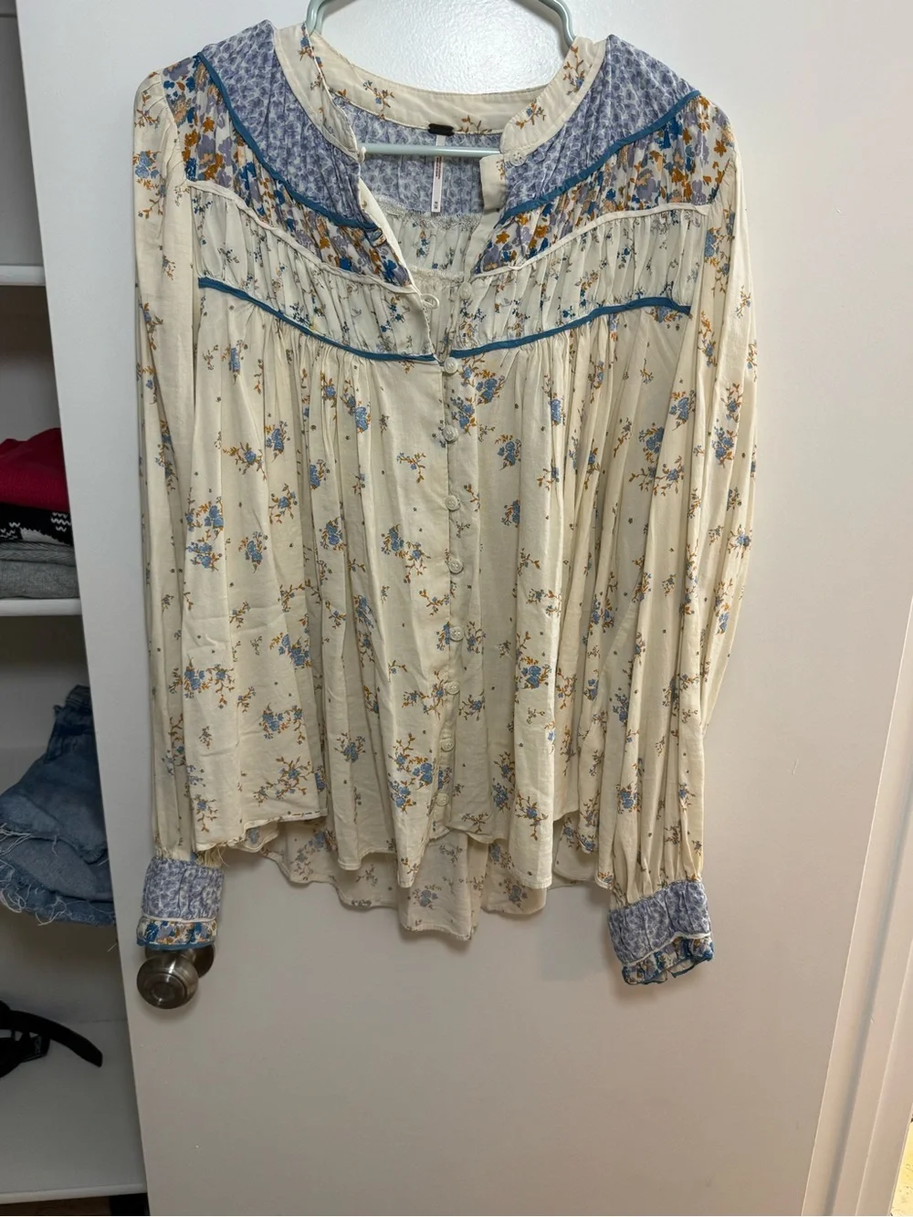 Free People Cream Floral Boho Blouse with Blue Accents